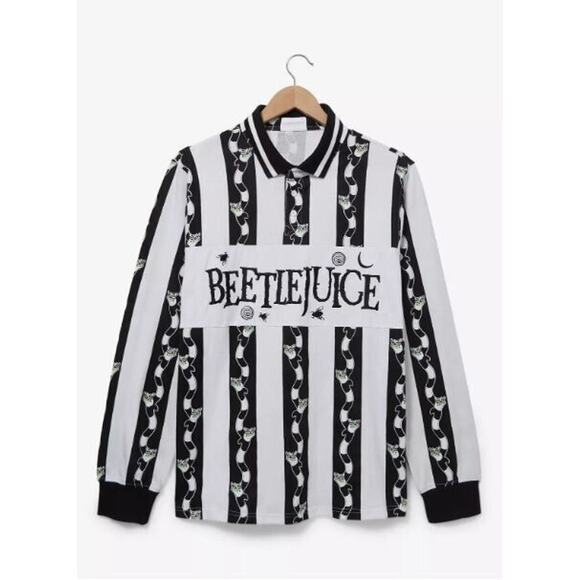 Beetlejuice Sandworm Striped Rugby Long Sleeve Men Women Black Shirt Large New - Picture 1 of 4